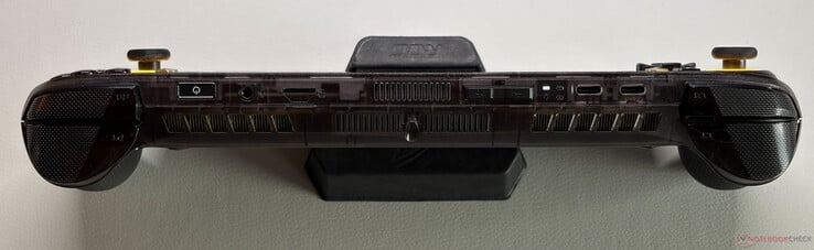 Parte superior: Botão de alimentação com leitor de impressões digitais, entrada estéreo de 3,5 mm, microSD-Express, botões de volume, USB-C 3.2 Gen.2 (10 Gbps, DisplayPort 2.1, Power Delivery 3.0), USB-C 4.0 com Thunderbolt 4 (40 Gbps, DisplayPort 2.1, Power Delivery 3.0)