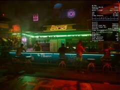 Cyberpunk 2077 em execução no macOS 26 Tahoe com interpolação de quadros MetalFX ativada em um MacBook Pro M1 Max. (Fonte da imagem: Blendlogic Tech no YouTube)