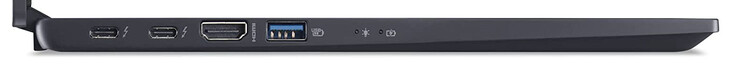 À esquerda: 2x Thunderbolt 4 (USB-C; DisplayPort, Power Delivery), HDMI, USB 3.2 Gen 2 (USB-A)
