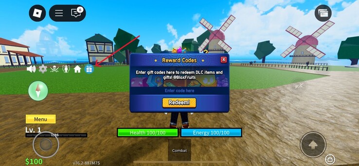 Clique no ícone de presente, conforme mostrado na imagem aqui (Fonte da imagem: Roblox)