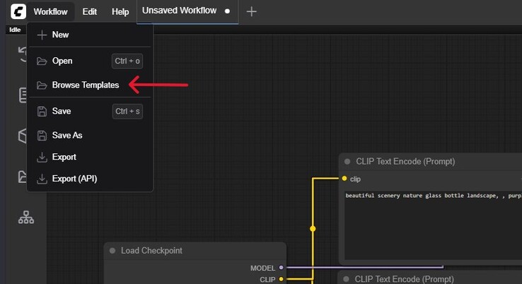 Uma captura de tela do menu Workflow no ComfyUI com o Browse Templates destacado. (Fonte da imagem: Captura de tela do Windows)