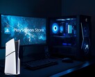PS5 mostrado ao lado de um PC para jogos e de um monitor com o logotipo da PlayStation Store (Fonte da imagem: Sony PlayStation com edições)
