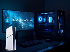 PS5 mostrado ao lado de um PC para jogos e de um monitor com o logotipo da PlayStation Store (Fonte da imagem: Sony PlayStation com edições)