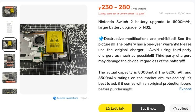 A lista do Xianyu para uma bateria de alta capacidade de 8.000 mAh para o Nintendo Switch 2
