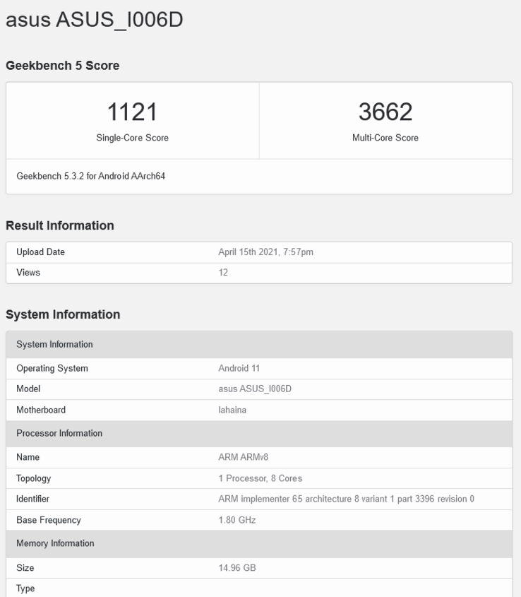 ASUS ZenFone 8 Mini 16GB RAM variante (imagem via Geekbench)