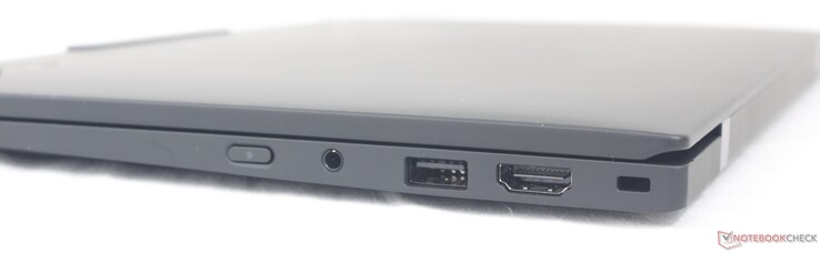 À direita: Botão liga/desliga, fone de ouvido de 3,5 mm, USB-A 3.2 Gen. 1, HDMI 2.1, trava Nano Kensington