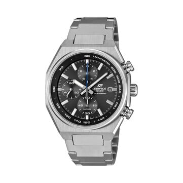 Cronógrafo Casio Edifice EFSS660D-1A com caixa e pulseira em aço inoxidável, mostrador preto texturizado, ponteiro central dos segundos azul, três submostradores e escala taquimétrica.