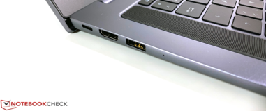 Esquerda: USB-C (carregamento, transferência de dados e DisplayPort Alt), HDMI, USB-A (3.2 Gen 1)