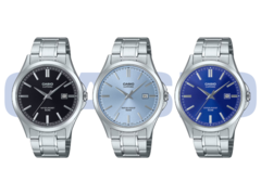Da esquerda para a direita (na foto): Casio MTS-115D-1AV, MTS-115D-2A2V e MTS-115D-2A1V. Há mais dois modelos, que não estão incluídos nesta imagem. (Fonte da imagem: Casio - Editado)