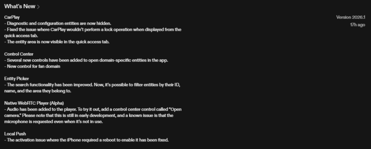 O registro de alterações do aplicativo Home Assistant para iOS versão 2026.1. (Fonte da imagem: captura de tela da Apple App Store)