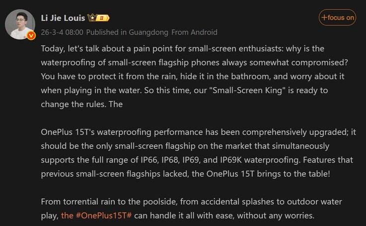 Louis fala sobre as classificações à prova d'água do OnePlus 15T (tradução automática)