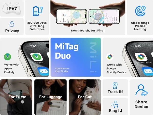 O MiTag Duo é um dos poucos rastreadores Bluetooth compatíveis com as redes Apple Find My e Google Find My Device. (Fonte da imagem: MiLi)