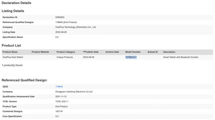O novo registro do OnePlus Nord Watch. (Fonte: Bluetooth SIG)