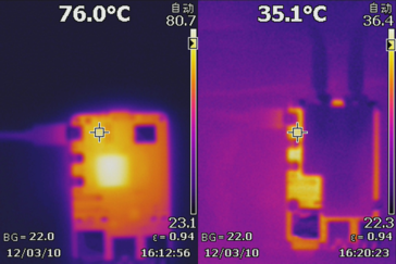 Temperatura da PCB com e sem o resfriador de líquido (Fonte da imagem: Seeed Studio)
