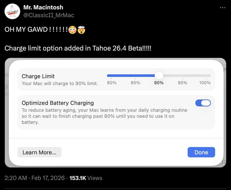 o macOS 26.4 Tahoe parece ter adicionado suporte para limites de carga.