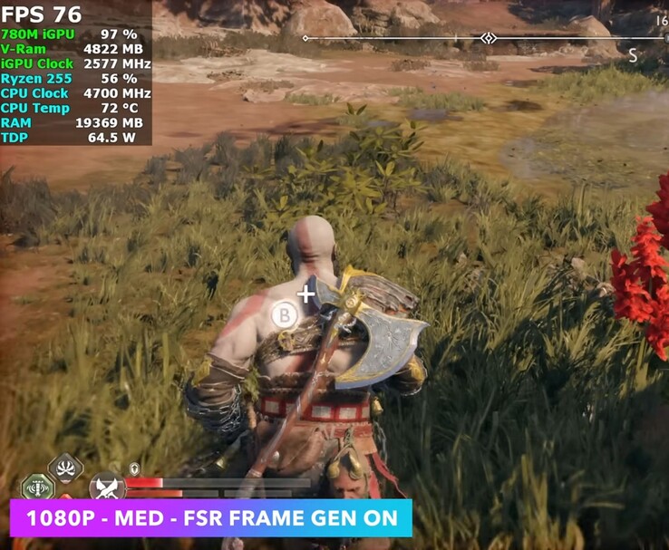 God of War Ragnarök em execução a 1080p médio com FSR Frame Generation no Minisforum X1 Lite usando a Radeon 780M iGPU (Fonte da imagem: ETA Prime via YouTube)