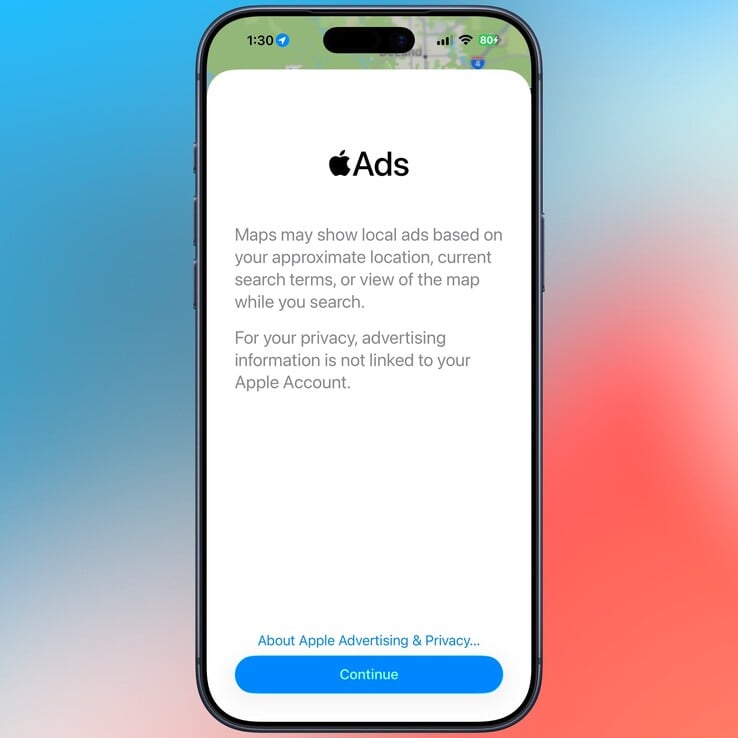 Isenção de responsabilidade sobre anúncios no Apple Maps