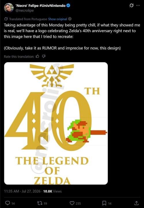 Logotipo vazado do 40º aniversário de “Necro” Felipe Zelda exibido