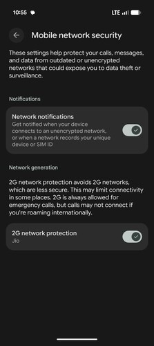 Opções de segurança de rede móvel