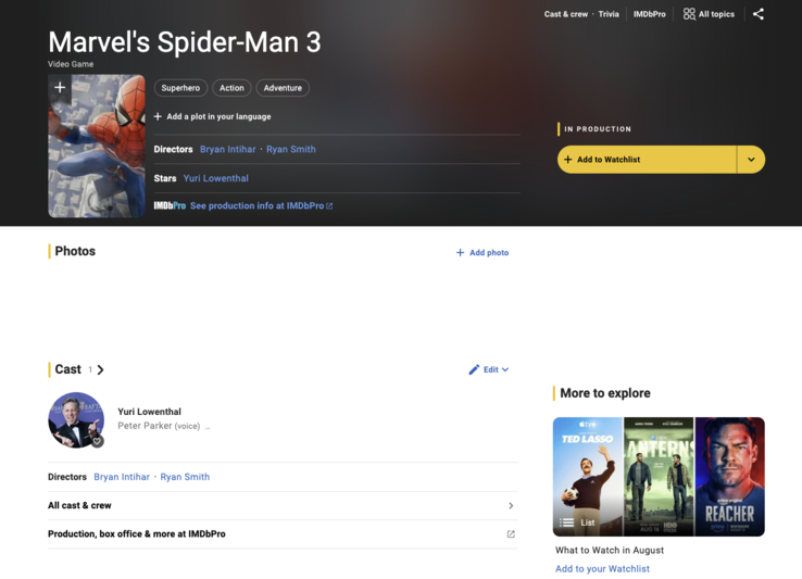 Ficha do IMDb para o filme “Homem-Aranha 3”.