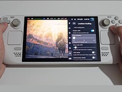 Uma visão frontal do Steam Deck com Elden Ring em execução no lado esquerdo da tela e as configurações do plug-in Lossless Scaling visíveis à direita, incluindo os botões FPS Multiplier, Flow Scale e Performance Mode. (Fonte da imagem: Deck Wizard/YouTube)