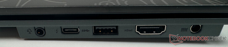 Direita: 1x conector de áudio de 3,5 mm, 1x Thunderbolt 4, 1x USB 3.2 Gen1 Tipo A, 1x DC IN