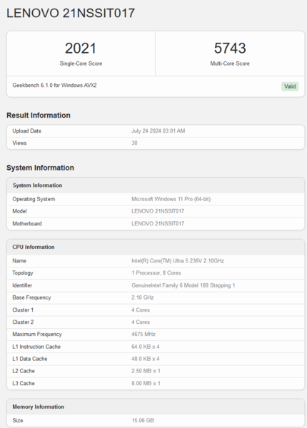 Pontuação do Intel Core Ultra 5 236V no Geekbench (fonte da imagem: Geekbench)