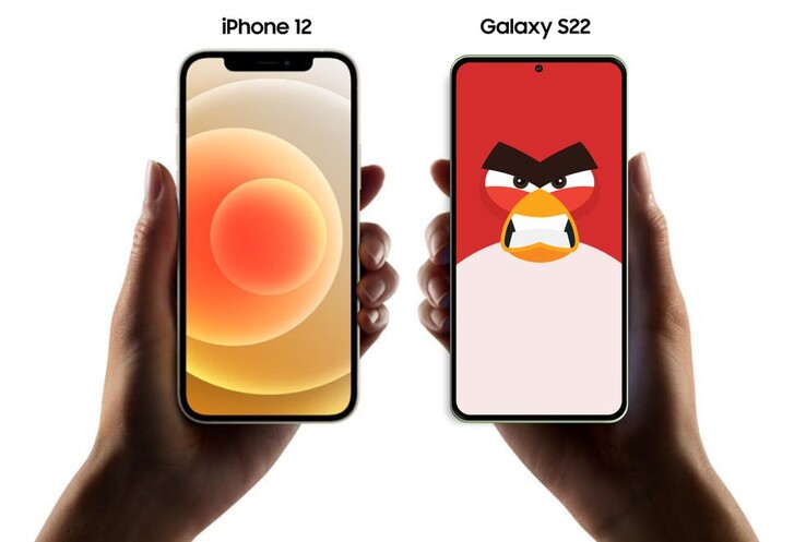 Um painel frontal "Galaxy S22" renderizado com um iPhone 12 para comparação. (Fonte: Ice Universe via Twitter)