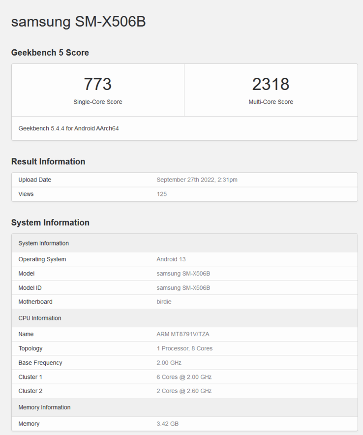 Galaxy Tab S8 FE no Geekbench (imagem via Geekbench)