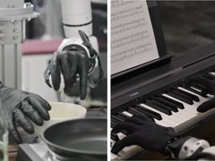 O Genesis AI mostra mãos robóticas realizando tarefas motoras finas, como quebrar ovos, cortar tomates, conectar cabos e tocar piano.