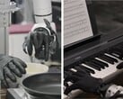O Genesis AI mostra mãos robóticas realizando tarefas motoras finas, como quebrar ovos, cortar tomates, conectar cabos e tocar piano.