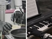 O Genesis AI mostra mãos robóticas realizando tarefas motoras finas, como quebrar ovos, cortar tomates, conectar cabos e tocar piano.