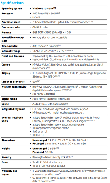 HP Pavilion 15 specs (imagem via HP)