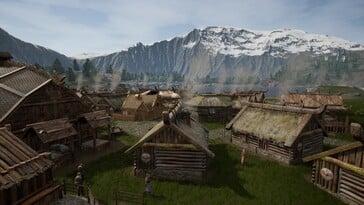 Uma imagem mostrando casas na Terra dos Vikings.