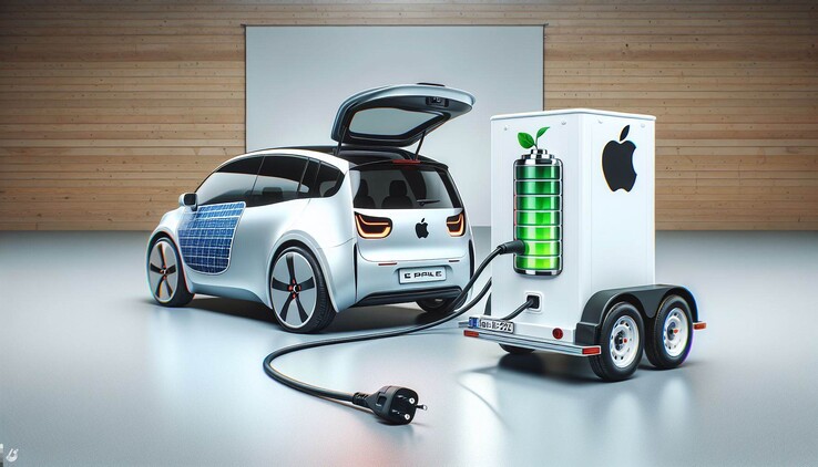 Uma renderização de IA de um Apple Car com sistema de bateria fora de bordo. (Imagem: Dall-E 3)