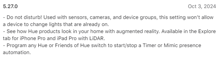 O registro de alterações da versão 5.27.0 do aplicativo Philips Hue (Fonte da imagem: Philips Hue)