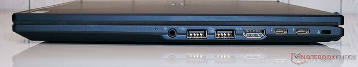 Direita: Conector de áudio combo de 3,5 mm, 2x USB 3.2 Gen2 Tipo A, saída HDMI 2.1, 2x Thunderbolt 4 (com DisplayPort e Power Delivery), slot Kensington Nano