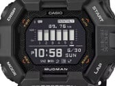 Relógio Casio G-Shock Mudman GDG-B100 com visor digital vermelho e branco diante de uma paisagem montanhosa acidentada.