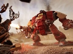 Um Blood Raven Space Marine Dreadnought dispara sua arma contra unidades Ork no trailer in-engine de Warhammer 40,000: Dawn of War IV. (Fonte da imagem: Warhammer via YouTube)