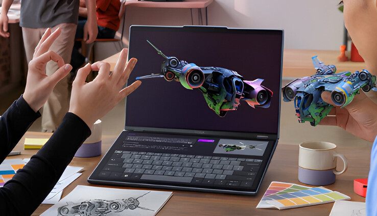 Uma representação gerada por IA do Yoga Book Pro 3D.