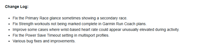 O registro de alterações da versão beta pública 25.02 para smartwatches Garmin Forerunner mais antigos. (Fonte da imagem: Garmin)