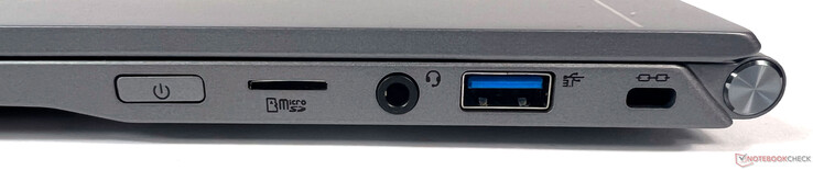 Direita: 1x leitor de cartão micro SD, 1x conector de áudio combo, 1x USB 3.2 Gen 2 (Tipo A), 1x fechadura Kensington