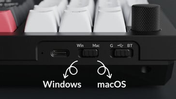 Keychron Q12 HE Seleção de sistema operacional e interruptores de modo sem fio.