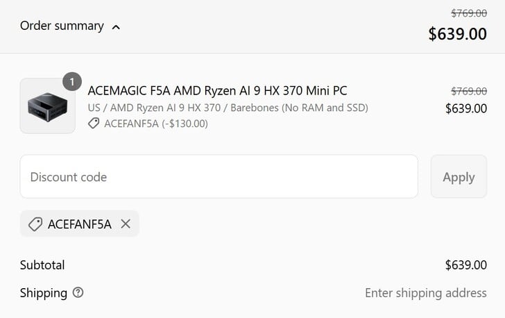 Preço do F5A barebone com o código de desconto aplicado (Fonte da imagem: Acemagic)