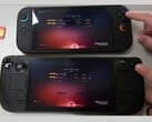 O Nintendo Switch 2 (acima) e o Steam Deck OLED (abaixo) executando o No Man's Sky lado a lado. A imagem destaca a diferença de tempo de carregamento observada durante o teste. (Fonte da imagem: The Phawx no YouTube)