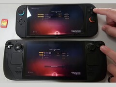 O Nintendo Switch 2 (acima) e o Steam Deck OLED (abaixo) executando o No Man's Sky lado a lado. A imagem destaca a diferença de tempo de carregamento observada durante o teste. (Fonte da imagem: The Phawx no YouTube)