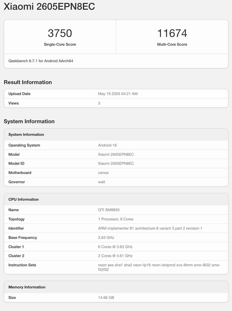 Listagem do Geekbench do suposto Xiaomi 17 Max.
