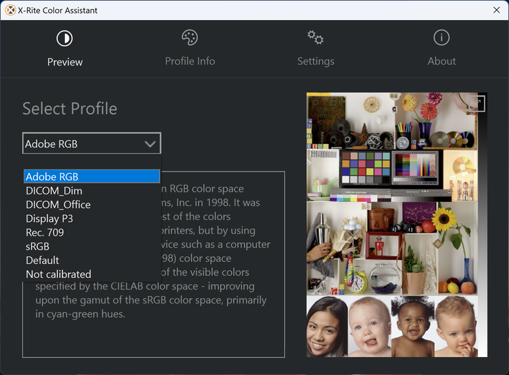 Selecione a partir de perfis de cores predefinidos através do software X-Rite Color Assistant. Alguns perfis podem ser melhor calibrados do que outros, no entanto