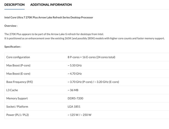 Especificações listadas da CPU para desktop Intel Core Ultra 7 270K Plus. (Fonte da imagem: PrimeABGB)