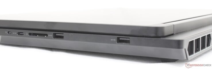 À direita: USB-C (10 Gbps), leitor de cartão SD, 2x USB-A (10 Gbps)